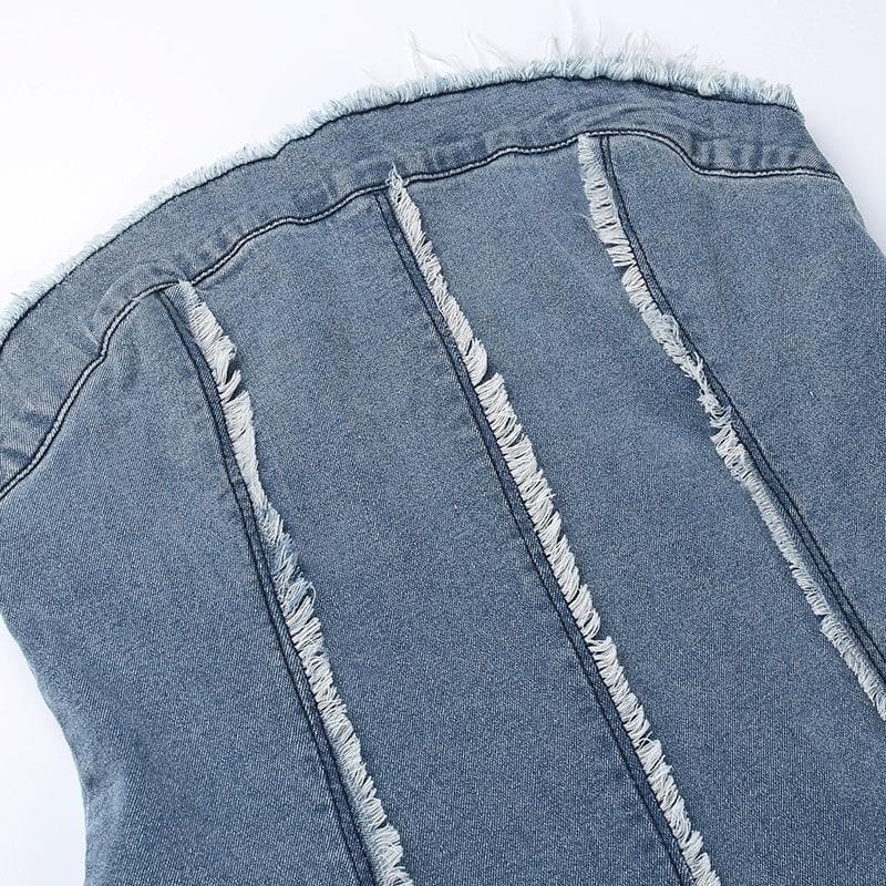 Raw Edge Panel Seam Strapless Denim Tube Mini Dress