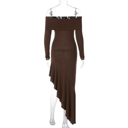 Off Shoulder Ruffle Hem Asymmetrical Maxi Dress