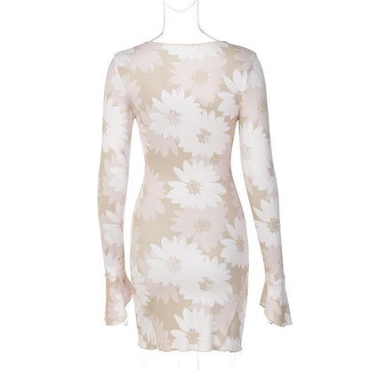 Abstract Print Deep V Tie Front Flared Sleeve Mini Dress