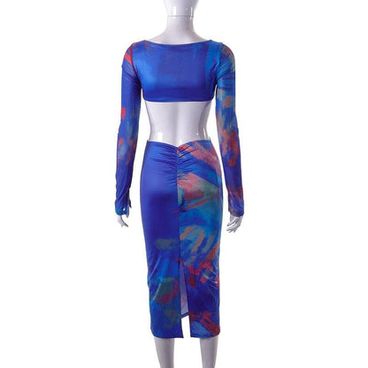 Abstract Watercolor Print Side Cutout Thumbhole Cuff Maxi Dress