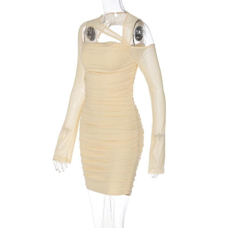 Asymmetric Cutout Crisscross Strap Ruched Mesh Long Sleeve Mini Dress
