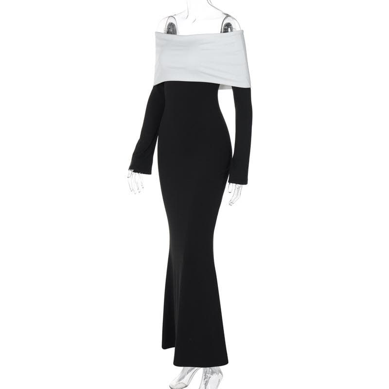 Fold Over Off Shoulder Long Sleeve Bodycon Mermaid Maxi Gown