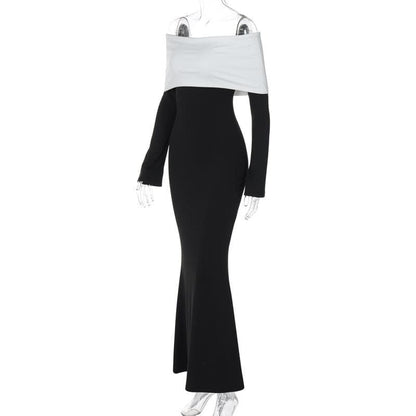 Fold Over Off Shoulder Long Sleeve Bodycon Mermaid Maxi Gown