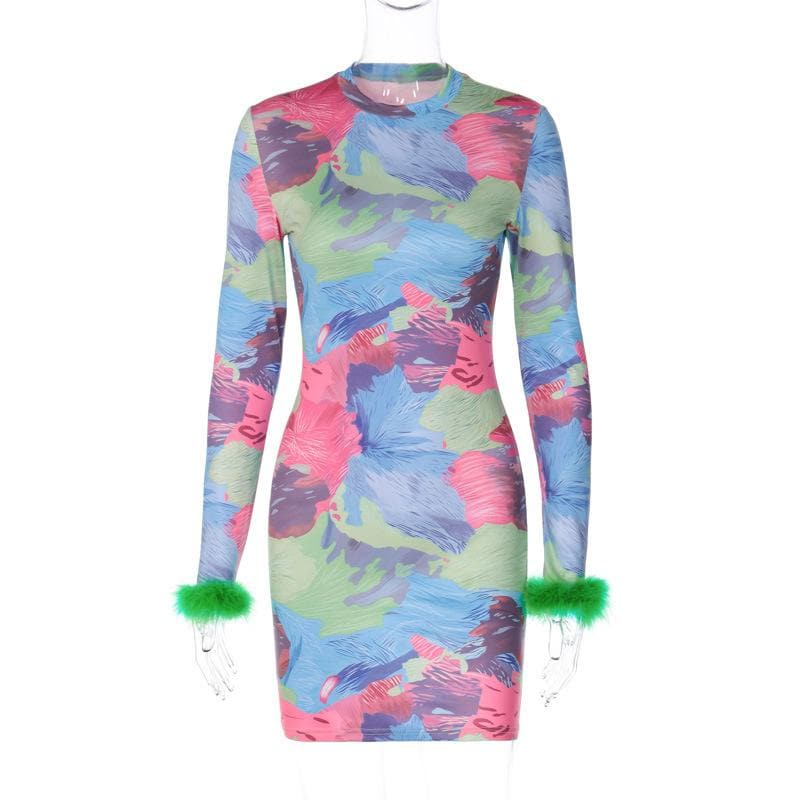Crew Neck Long Sleeve Abstract Brushstroke Print Feather Cuff Mini Dress