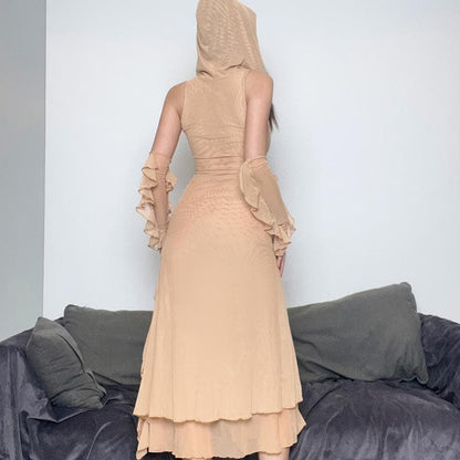 Cowl Neck Sheer Mesh Ruffle Gloves High Slit Maxi Dress