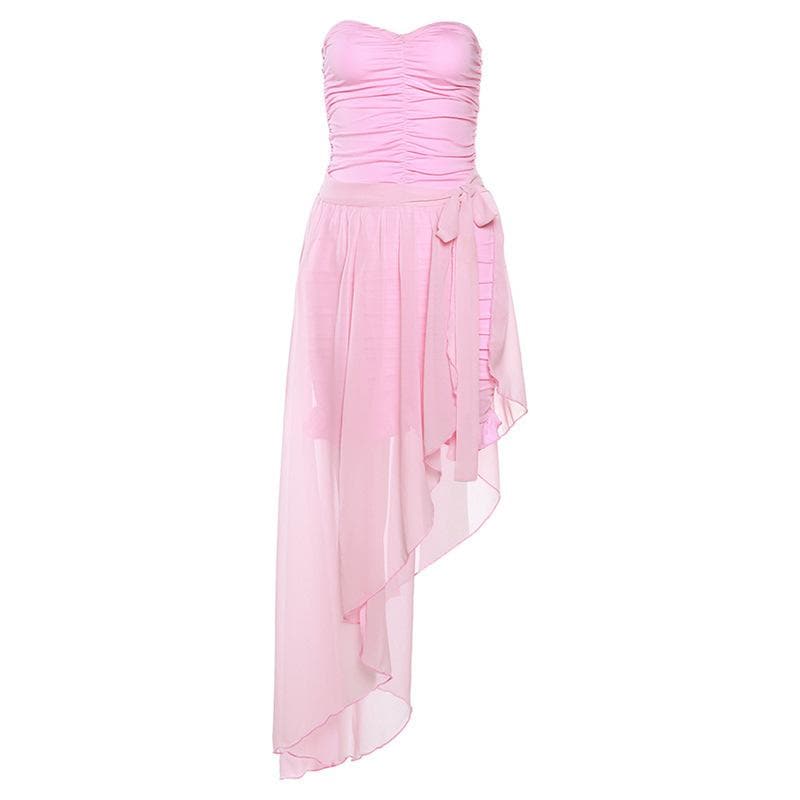 Strapless Sweetheart Ruched Tube Top Sheer Overlay Maxi Skirt Set