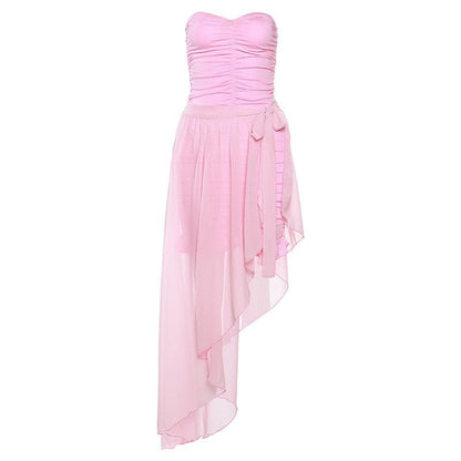 Strapless Sweetheart Ruched Tube Top Sheer Overlay Maxi Skirt Set