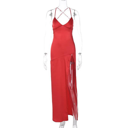 Satin Cross Back V Neck Spaghetti Strap High Slit Maxi Dress
