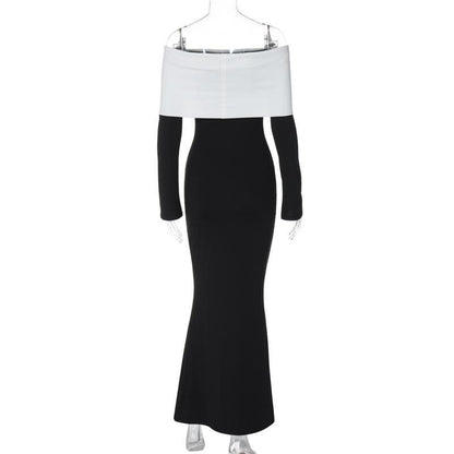 Fold Over Off Shoulder Long Sleeve Bodycon Mermaid Maxi Gown