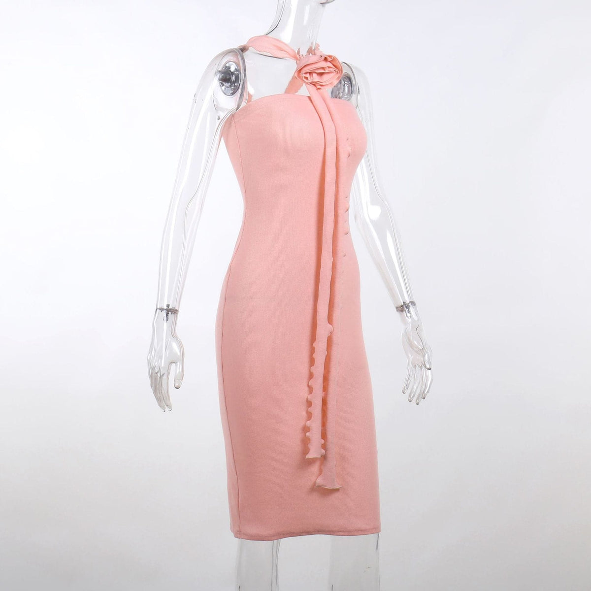 Halter Cross Neck 3D Applique Cascading Ruffle Ribbed Midi Dress