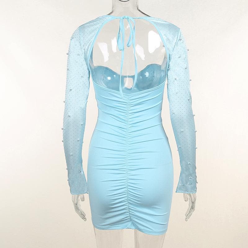 Hollow Out Beaded Mesh Sleeve Sweetheart Keyhole Ruched Zip Mini Dress