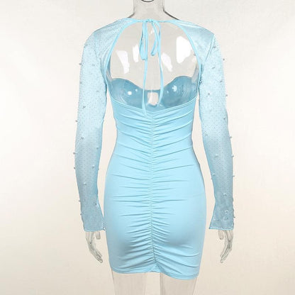 Hollow Out Beaded Mesh Sleeve Sweetheart Keyhole Ruched Zip Mini Dress