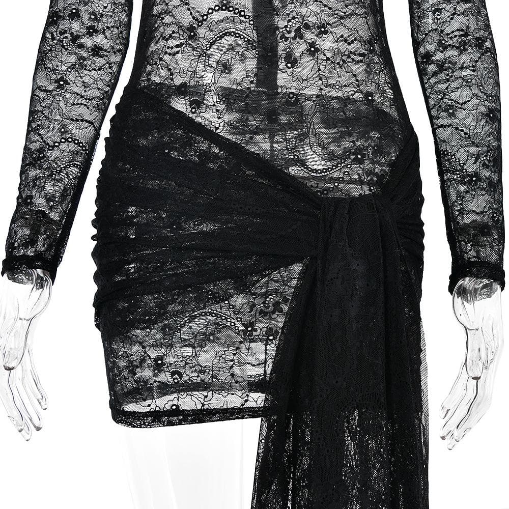 Lace Long Sleeve Draped Sash Ruched Mini Dress