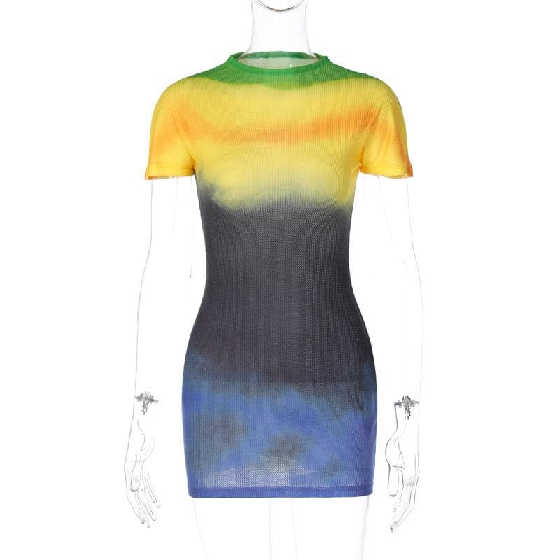 Ribbed Knit Tie Dye Gradient Mock Neck Short Sleeve Mini Dress