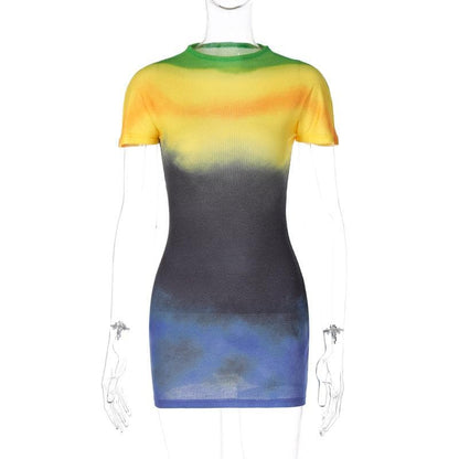 Ribbed Knit Tie Dye Gradient Mock Neck Short Sleeve Mini Dress