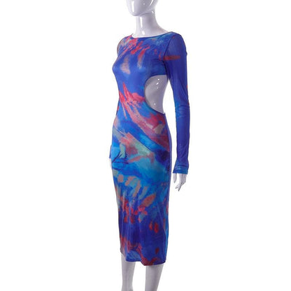 Abstract Watercolor Print Side Cutout Thumbhole Cuff Maxi Dress