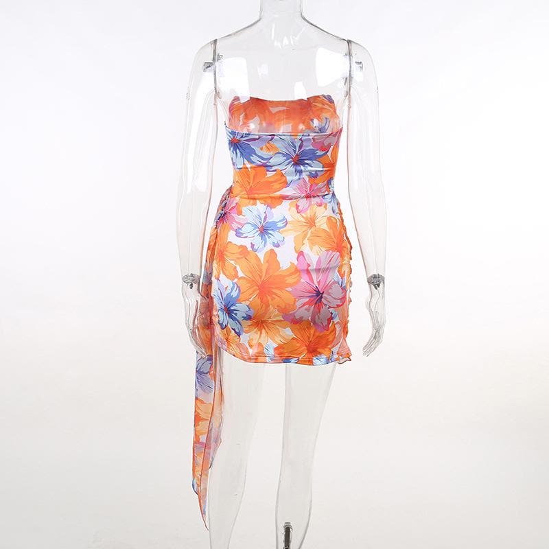 Strapless Tropical Floral Print Ruched Asymmetric Hem Mini Dress