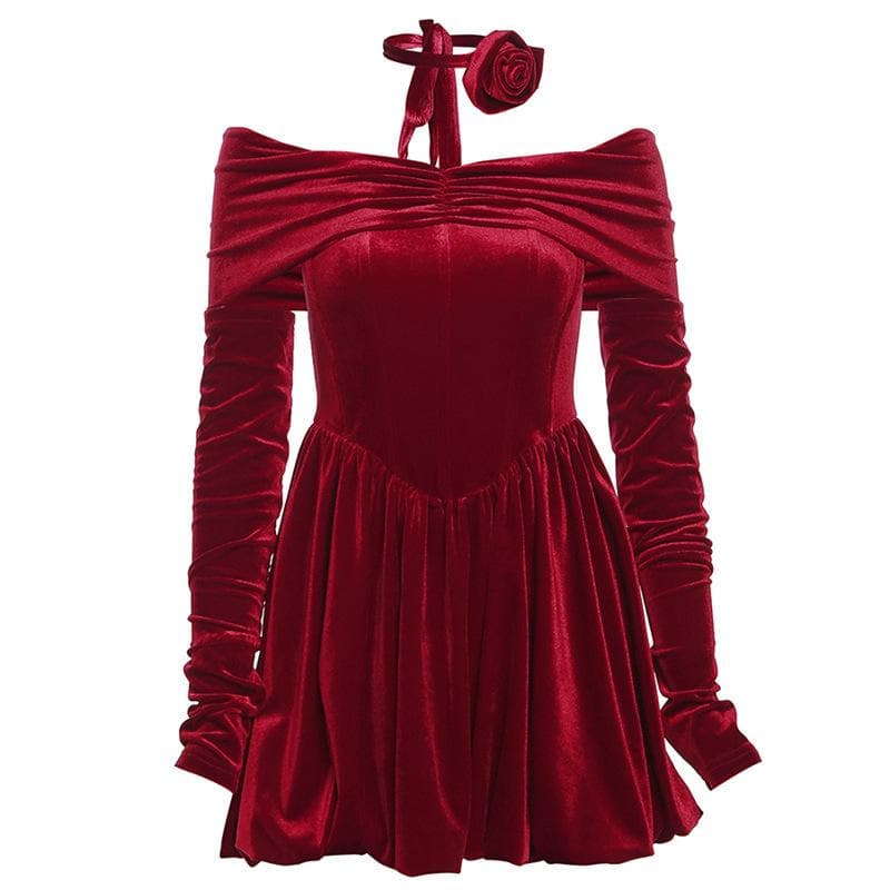 Off Shoulder Ruched Zip Long Sleeve Bubble Hem Mini Dress