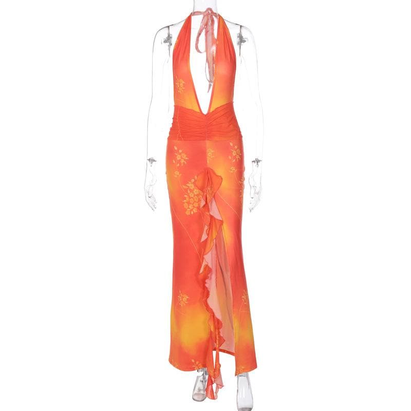 Halter Neck Plunging V Neck Ruched Waist Floral Print Front Slit Maxi Dress