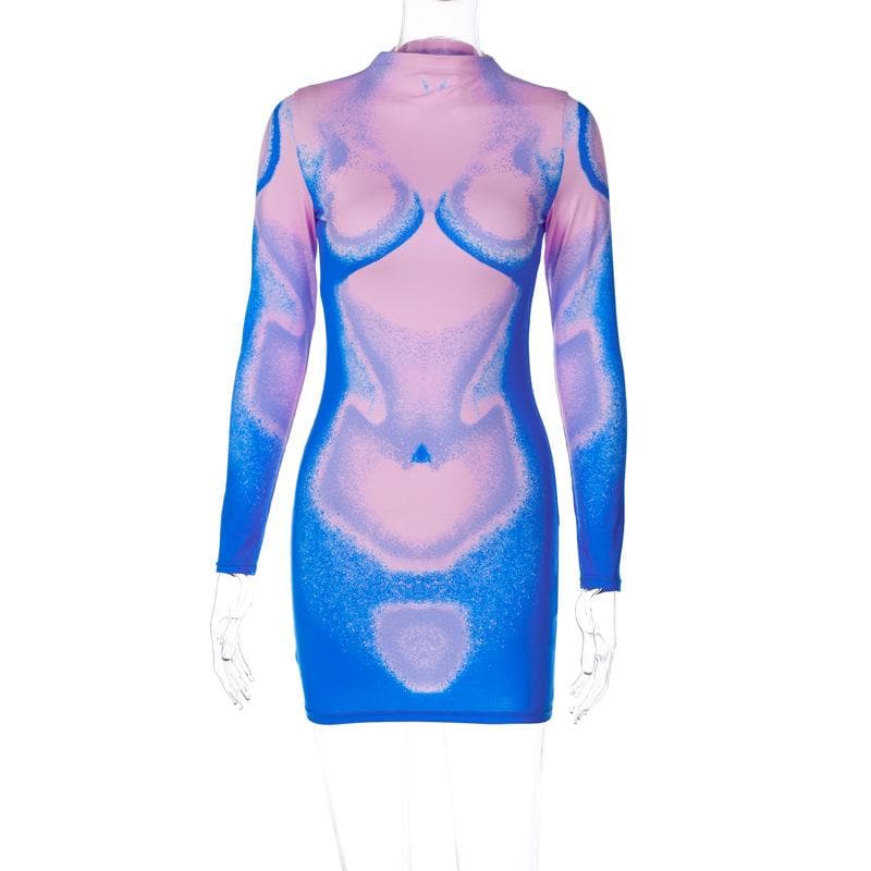 Mock Neck Body Contour Graphic Long Sleeve Mini Dress