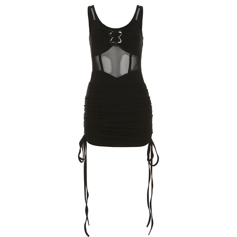 Sweetheart Mesh Panel Butterfly Ring Clear Strap Ruched Mini Dress