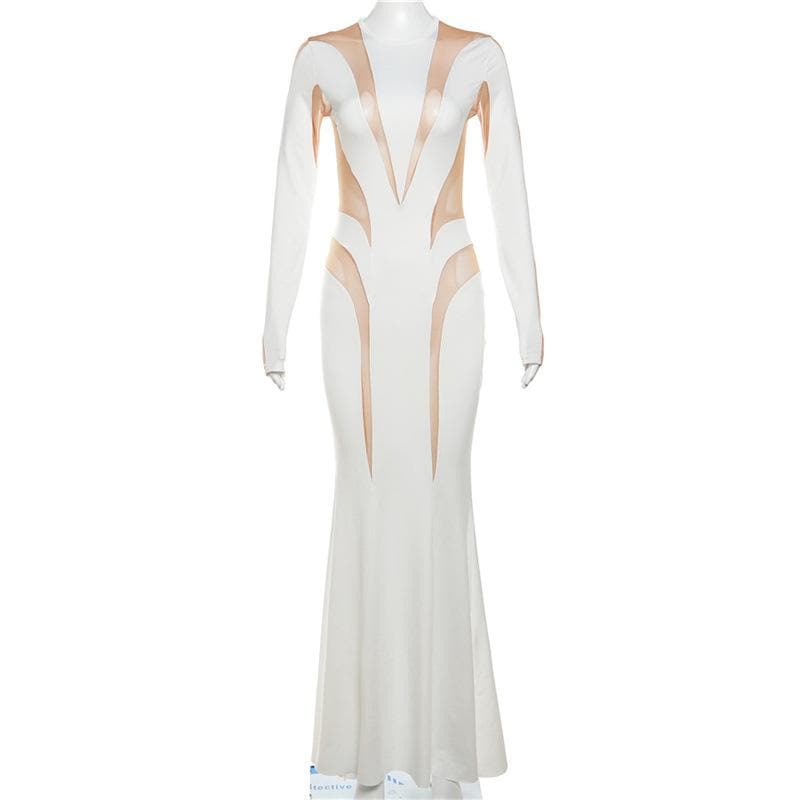 Mock Neck Long Sleeve Mesh Panel Patchwork Bodycon Maxi Dress
