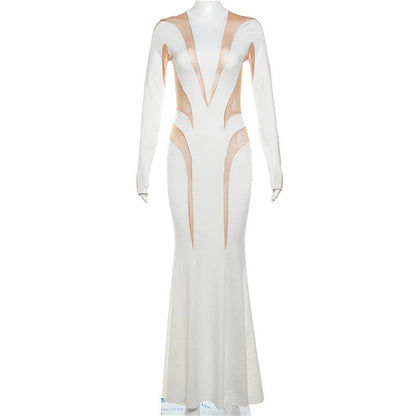 Mock Neck Long Sleeve Mesh Panel Patchwork Bodycon Maxi Dress