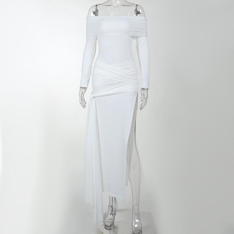 Off-Shoulder Cross Front Self-Tie High Slit Maxi Dress