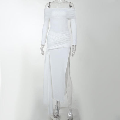 Off-Shoulder Cross Front Self-Tie High Slit Maxi Dress