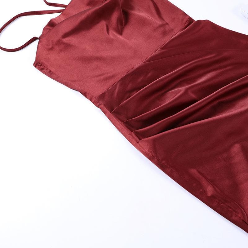 One-Shoulder Double Strap Ruched Satin Side Slit Maxi Gown