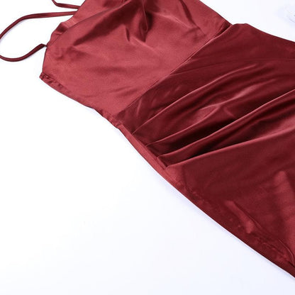 One-Shoulder Double Strap Ruched Satin Side Slit Maxi Gown