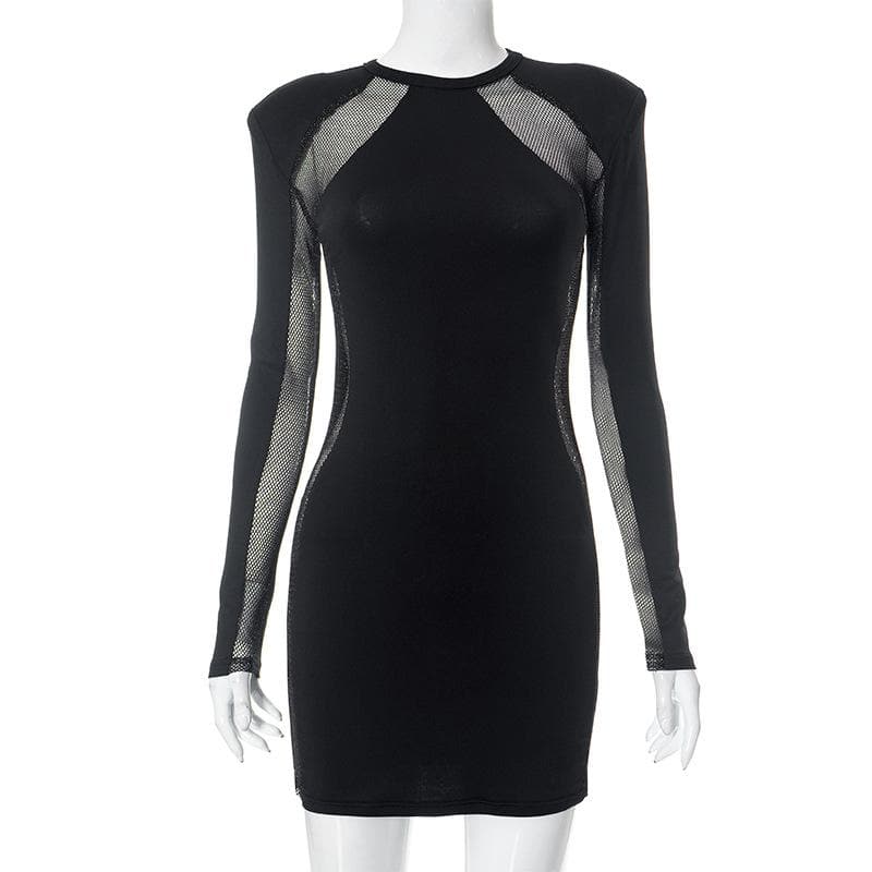 Mesh Patchwork Padded Shoulder Long Sleeve Bodycon Mini Dress