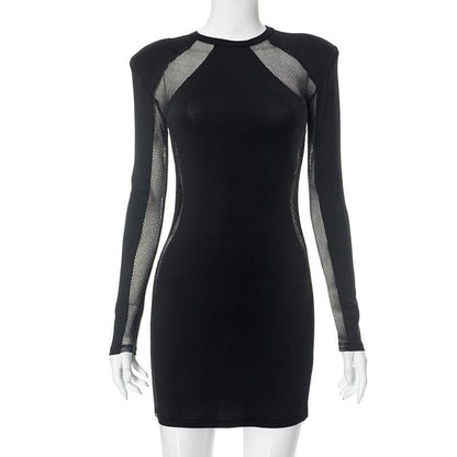 Mesh Patchwork Padded Shoulder Long Sleeve Bodycon Mini Dress