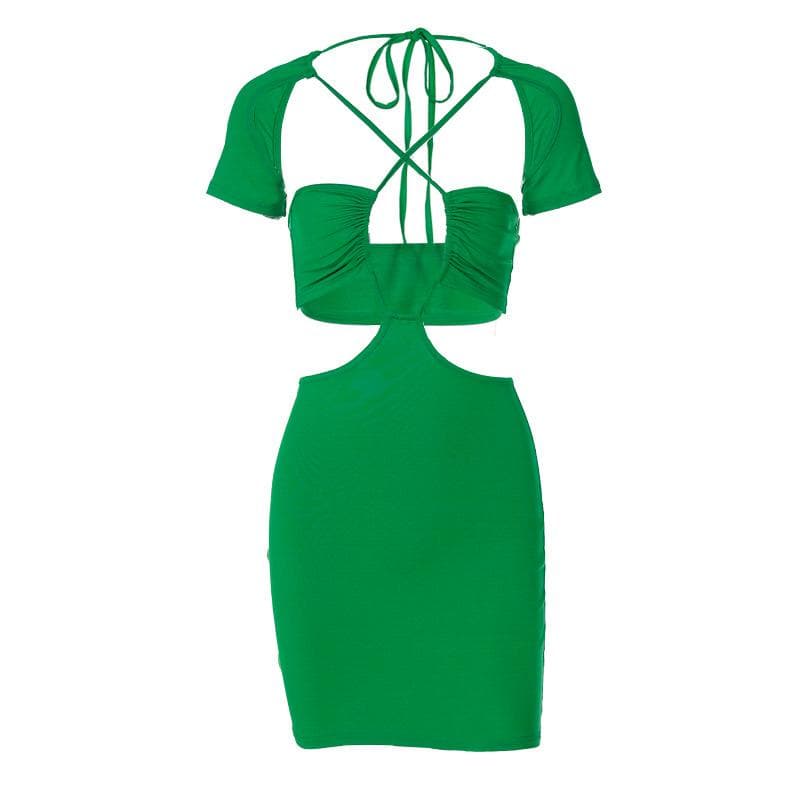Ruched Bust Crisscross Halter Cutout Waist Flared Sleeve Bodycon Mini Dress