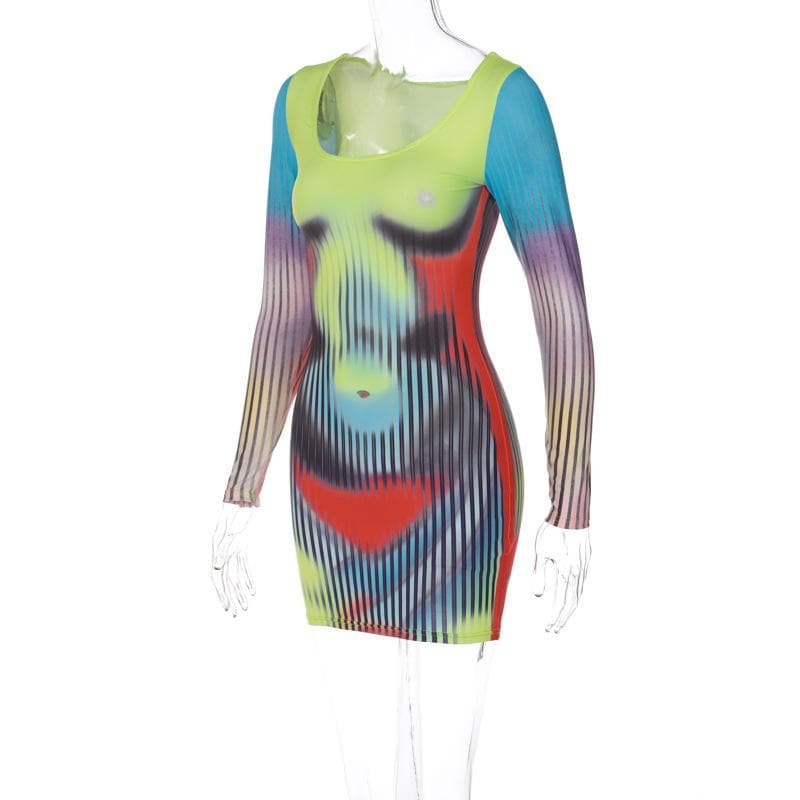 Long Sleeve Scoop Neck Trompe L'Oeil Body Print Bodycon Mini Dress