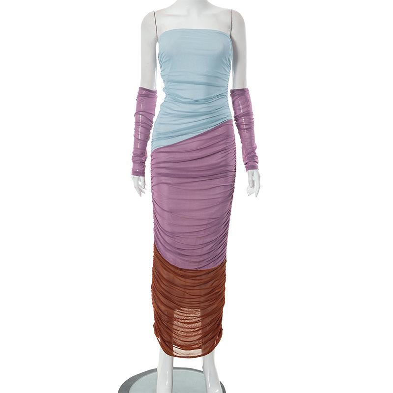 Off Shoulder Color Block Ruched Mesh Maxi Dress