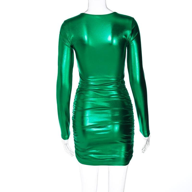 Metallic Ruched Deep V Long Sleeve Bodycon Mini Dress