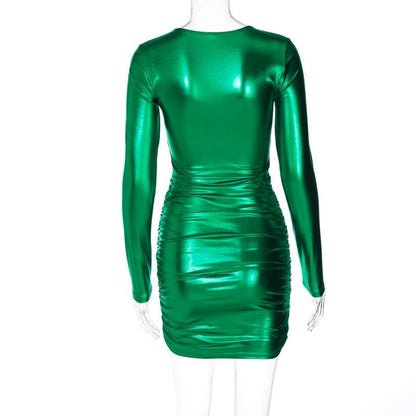 Metallic Ruched Deep V Long Sleeve Bodycon Mini Dress