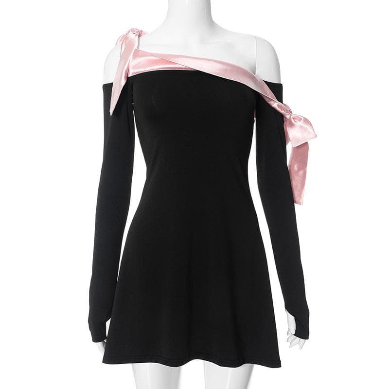 Off Shoulder Satin Ribbon Bow Thumbhole Long Sleeve Mini Dress