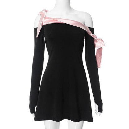 Off Shoulder Satin Ribbon Bow Thumbhole Long Sleeve Mini Dress