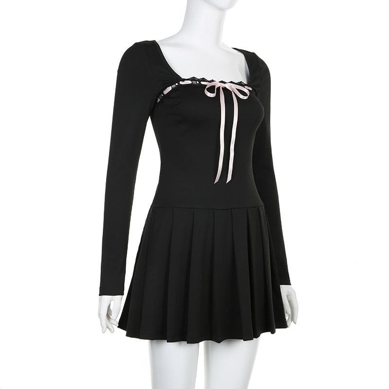 Square Neck Lace Trim Ribbon Bow Pleated Skirt Long Sleeve Mini Dress