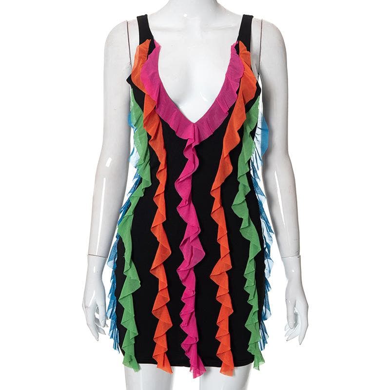 Contrast Ruffle V Neck Sleeveless Backless Mini Dress