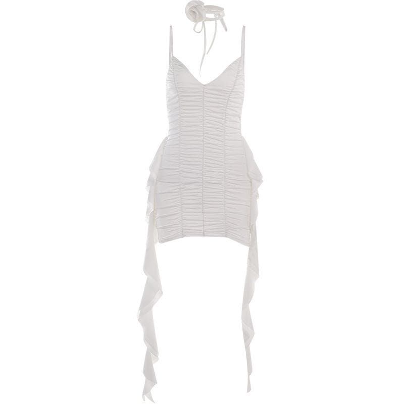 Ruched Deep V-Neck Choker Rosette Side Drape Cami Mini Dress