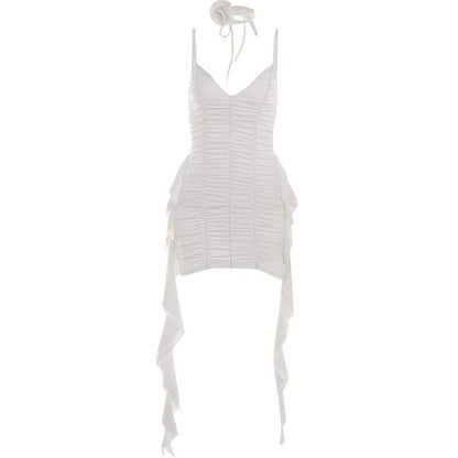 Ruched Deep V-Neck Choker Rosette Side Drape Cami Mini Dress