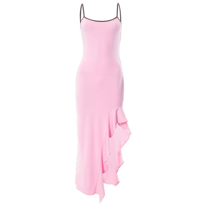 Spaghetti Strap High Slit Ruffle Trim Bodycon Maxi Dress