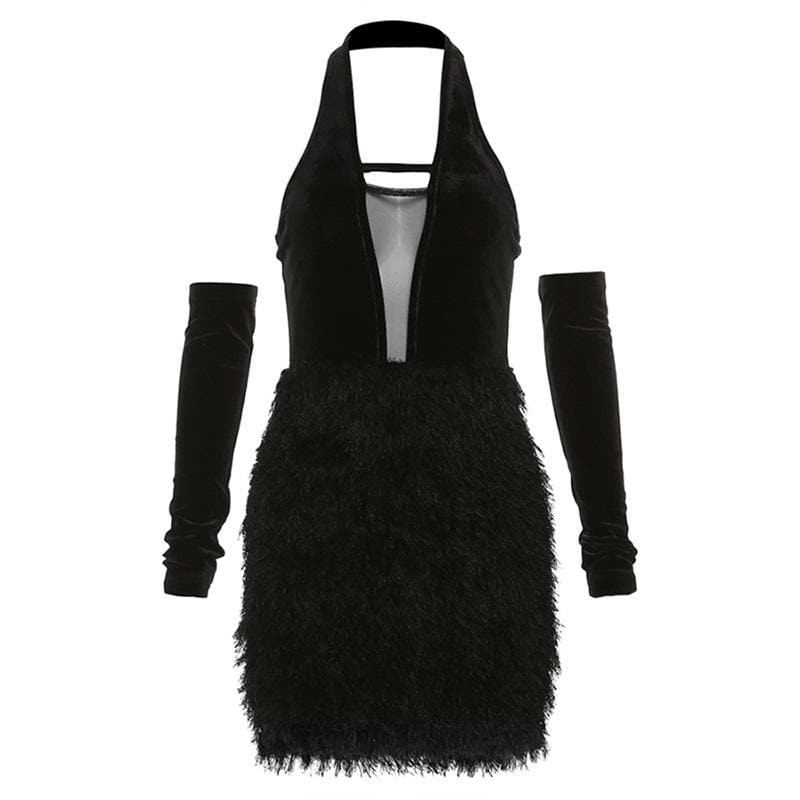 Velvet Mesh Ladder Strap Deep V Halter Fringe Mini Dress with Gloves
