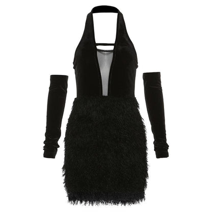 Velvet Mesh Ladder Strap Deep V Halter Fringe Mini Dress with Gloves