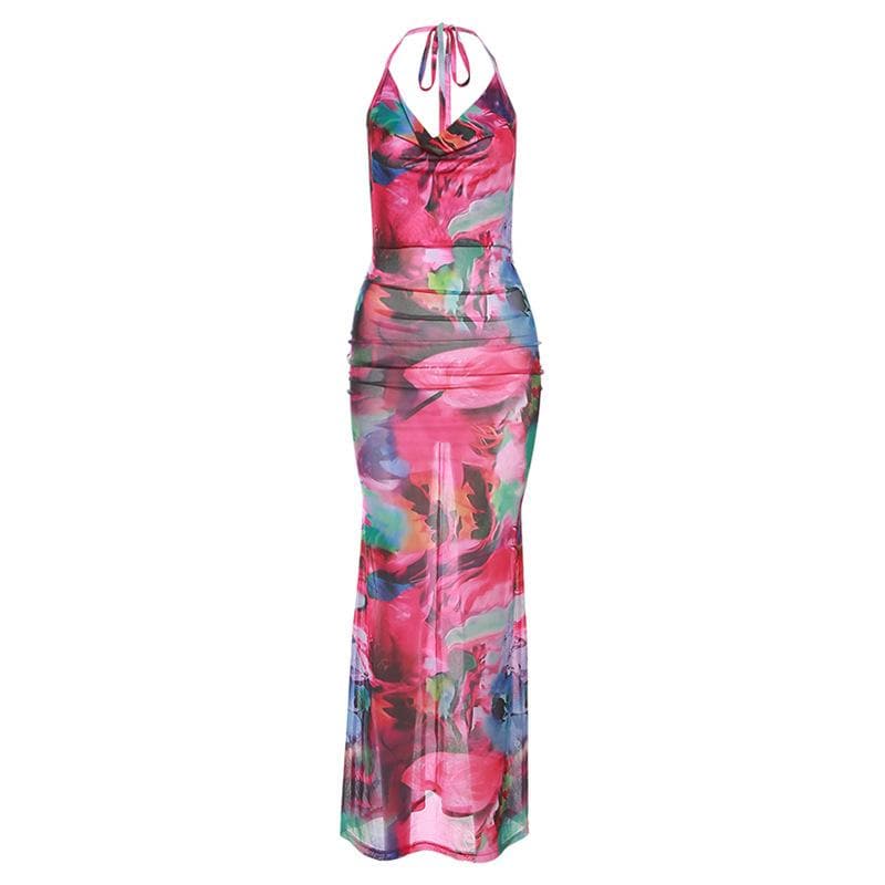 Abstract Floral Print Halter Cowl Neck Bodycon Maxi Dress
