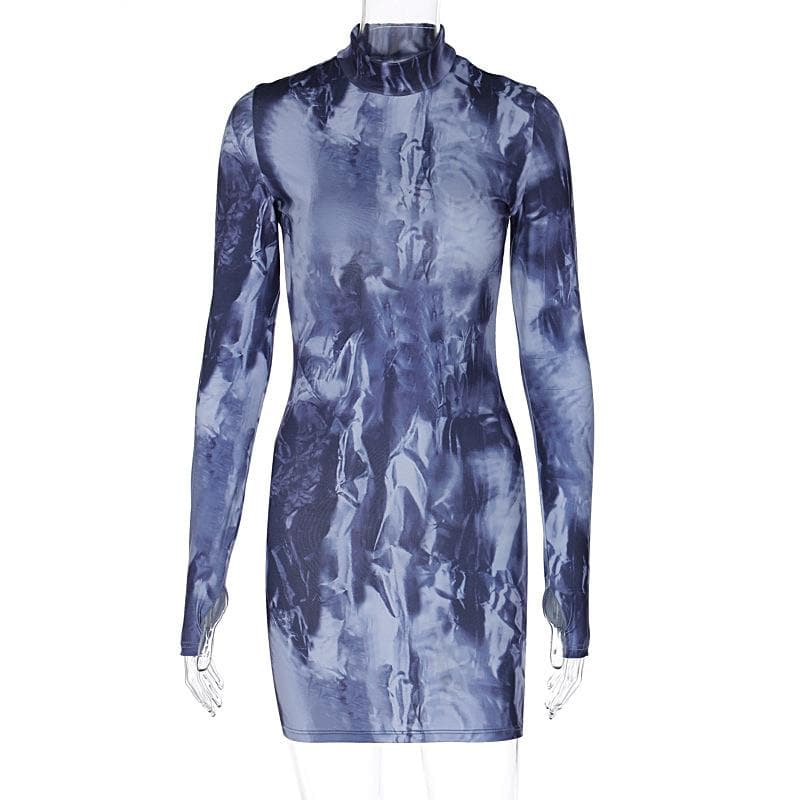 Tie Dye Print Mock Neck Thumbhole Long Sleeve Bodycon Mini Dress