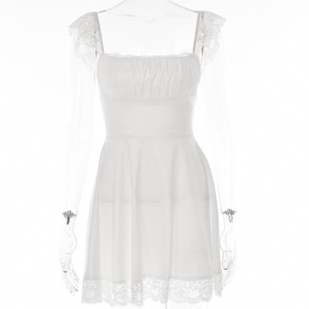Square Neck Ruched Lace Strap Lace Hem Zip Mini Dress